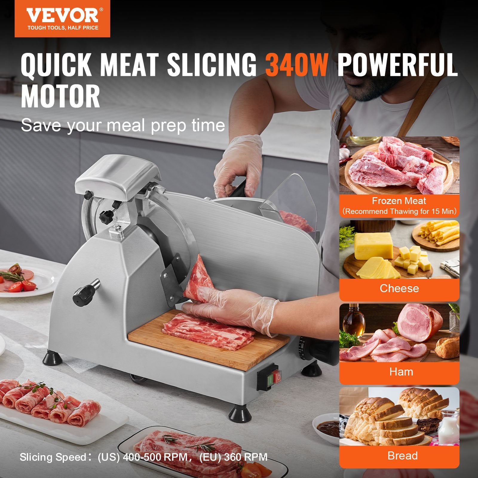 Meat Slicer, 340W Electric Deli Food Slicer With 10' SUS420 Stainless Steel Blade And Built-in Sharpening Stone, 0-0.6 Inch Adjustable Thickness For Commercial And Home Use, Cut Meat And Cheese