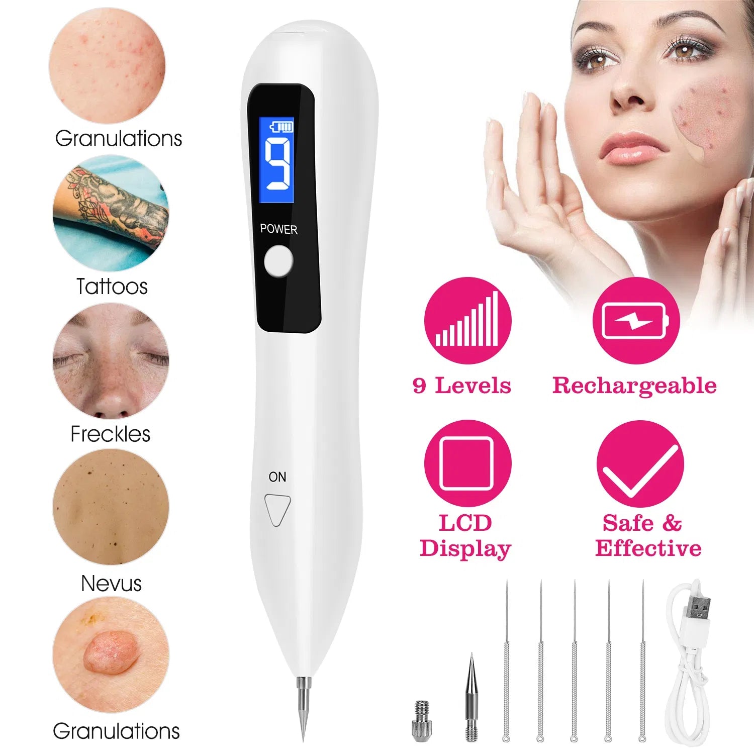 Skin Tag Repair Kit Portable Beauty Equipment Multi-Level With Home Usage USB Charging LCD Level Adjustable 6 Replaceable Needles
