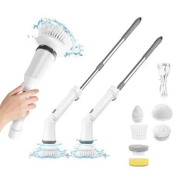 Electric Spin Scrubber Cordless Rechargeable Telescopic Cleaning Brush 6 Replaceable Heads