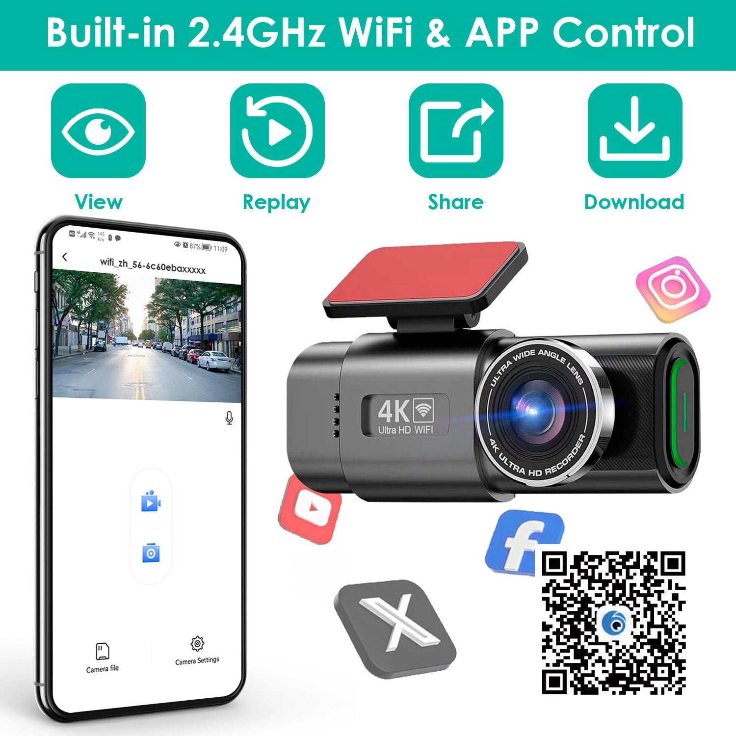 4K 1080P Car Dash Cam 2.4GHz WiFi Car Camera Mini Driving Recorder With 140 Degree Wide Angle APP Control Night Vision G-sensor Loop Recording