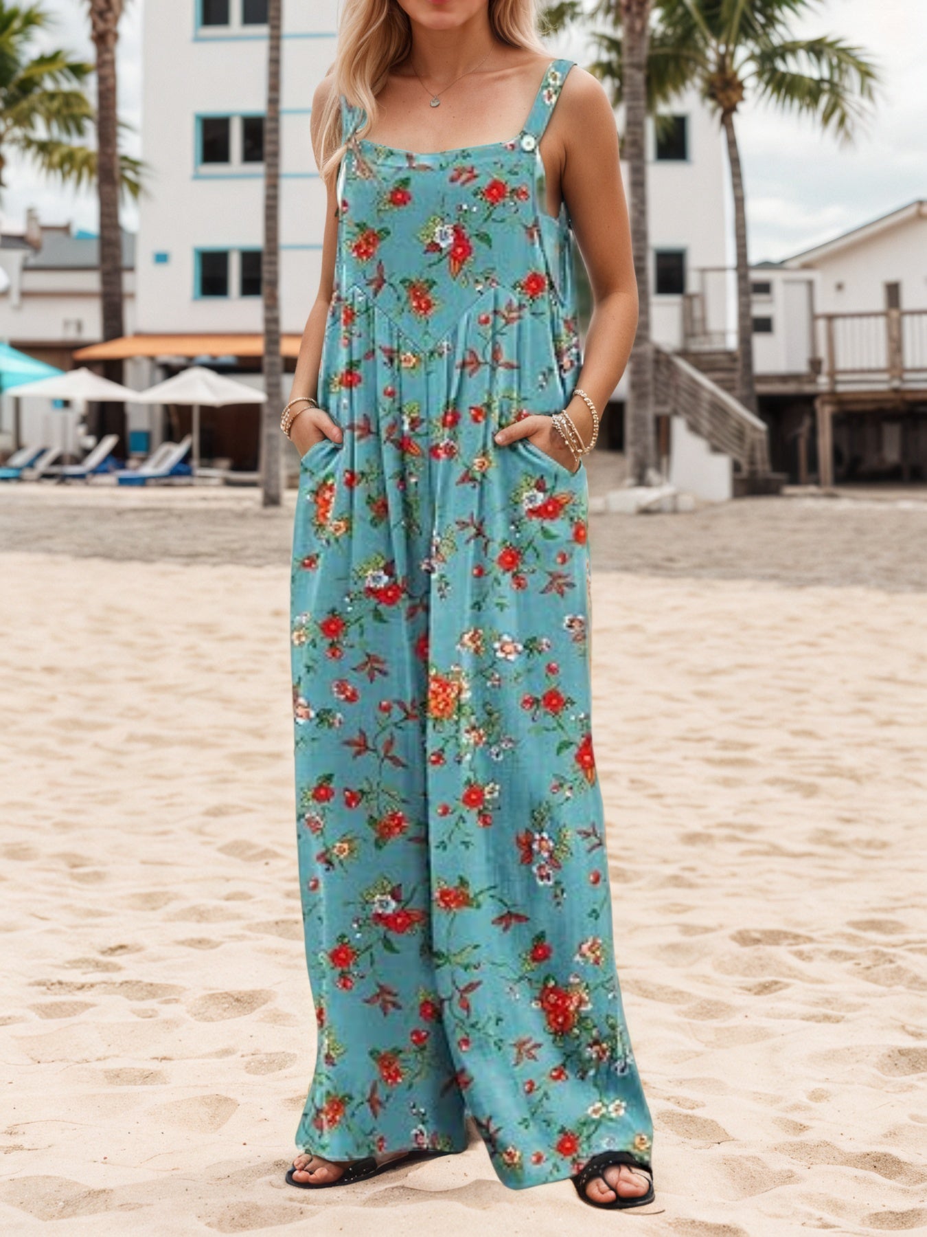 Women’s Bohemian Printed Loose Jumpsuit With Pocket