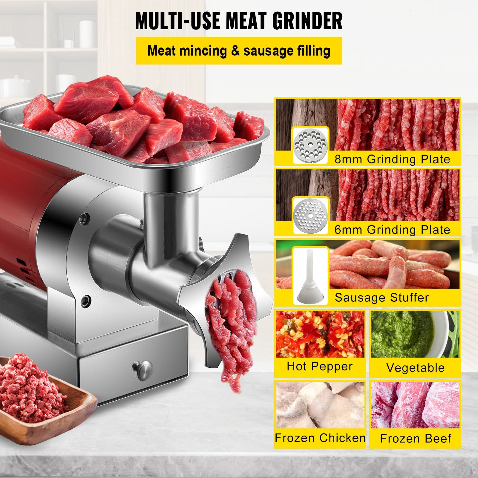 Electric Meat Grinder, 661 Lbs/Hour1100 W Meat Grinder Machine, 1.5 HP Electric Meat Mincer With 2 Grinding Plates, Sausage Kit Set Meat Grinder Heavy Duty, Home Kitchen & Commercial Use Red