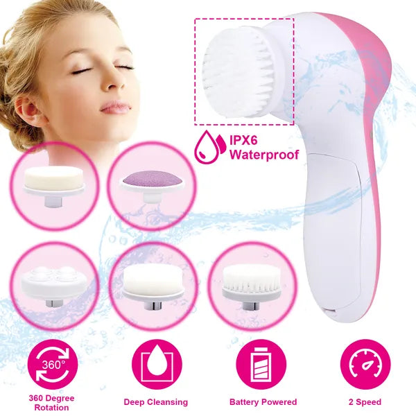 Facial Cleansing Brush Face Spin Cleaning Brush Scrubber Waterproof With 5 Brush Heads For Women