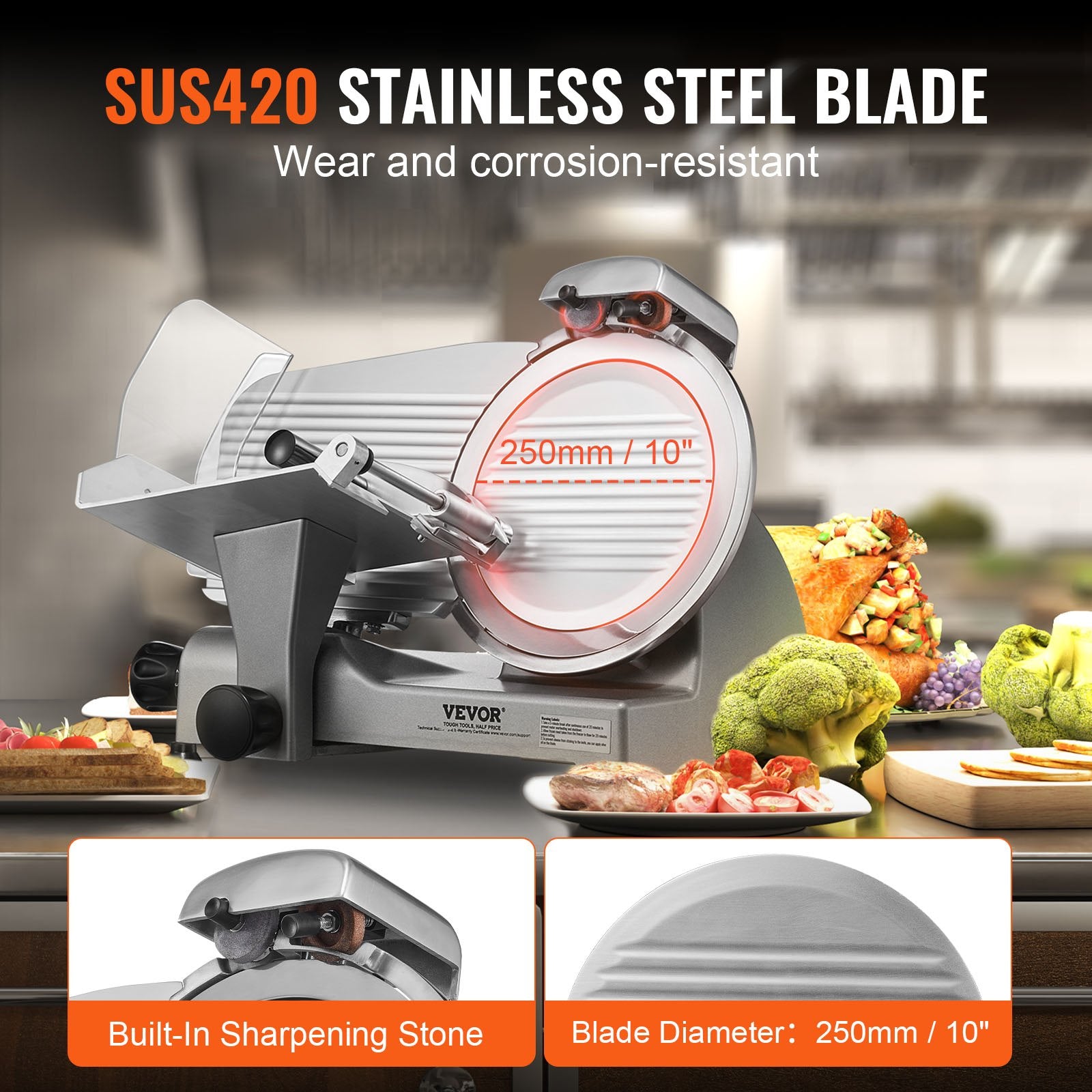 Meat Slicer, 340W Electric Deli Food Slicer With 10' SUS420 Stainless Steel Blade And Built-in Sharpening Stone, 0-0.6 Inch Adjustable Thickness For Commercial And Home Use, Cut Meat And Cheese