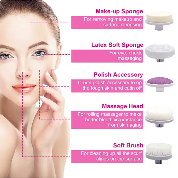 Facial Cleansing Brush Face Spin Cleaning Brush Scrubber Waterproof With 5 Brush Heads For Women