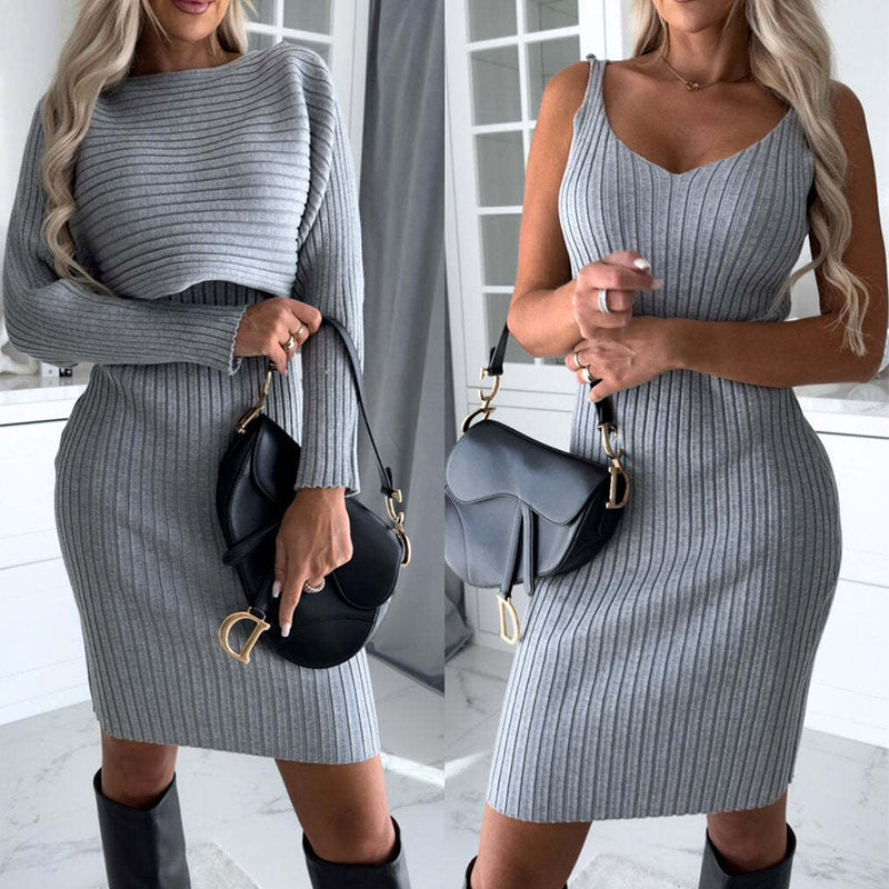 2pcs Women's Solid Stripe Long-sleeved Top And Tight Suspender Skirt Fashion Autumn Winter Slim Clothing