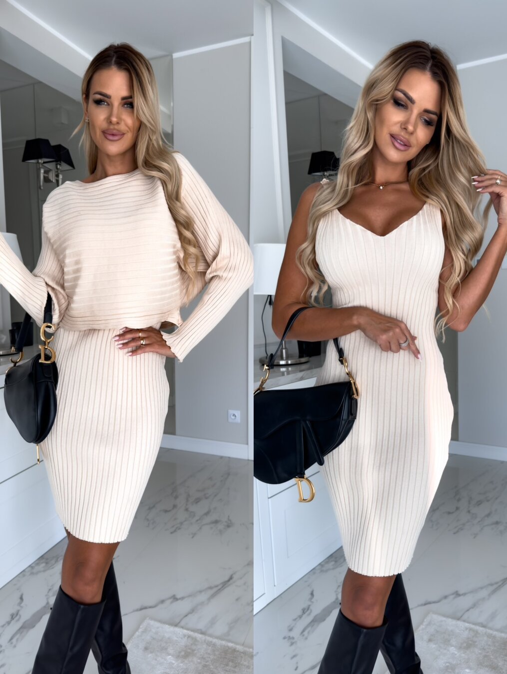 2pcs Women's Solid Stripe Long-sleeved Top And Tight Suspender Skirt Fashion Autumn Winter Slim Clothing